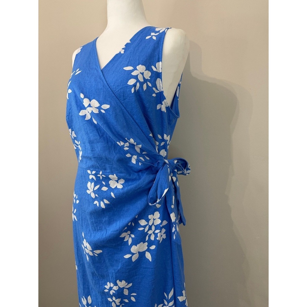 Ann Taylor Maritime Blue White Floral Linen Blend Wrap Maxi Dress Size 12/L - Picture 3 of 11